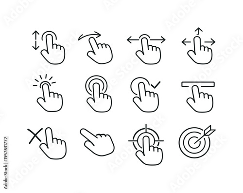 Line style vector icons of Touch gesture icons: scroll, flick, slide, pan; hover, focus, select, highlight; mark, point, aim,