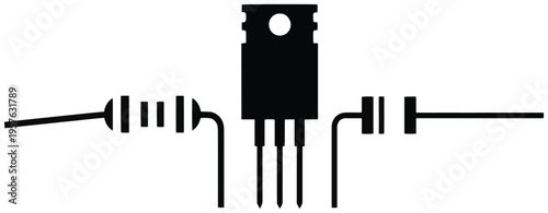 Electronics circuit components silhouette with transistor, resistor, and capacitor wiring.