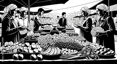Bustling Market Scene - A Vibrant Display of Fresh Produce.