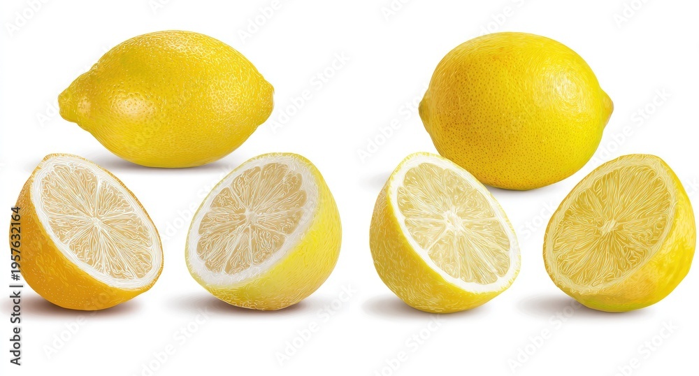 Fototapeta premium Fresh lemons whole and sliced isolated on white background for design