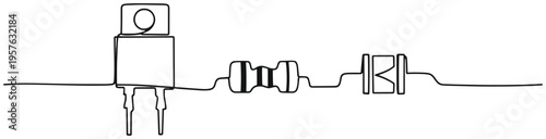 Minimalist single-line electronic circuit components drawing—resistor, capacitor, transistor illustration.