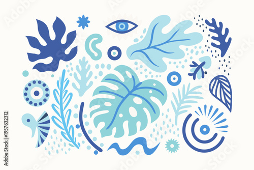 Abstract botanical illustration with blue hues leaves and a watchful eye