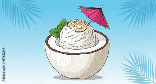 Coconut Ice Cream Delight - A Tropical Dessert Illustration.