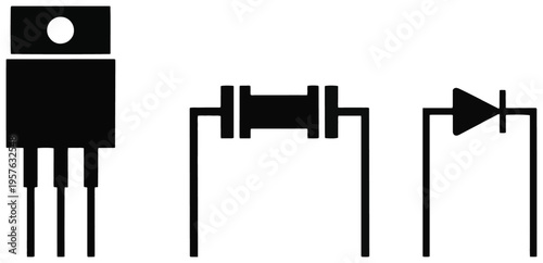 Black electronic component symbols: transistor, resistor, diode, and circuit diagram icons on a white background.