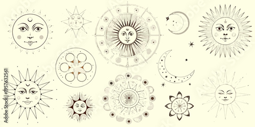 Vintage celestial illustrations featuring suns moons and anthropomorphic faces