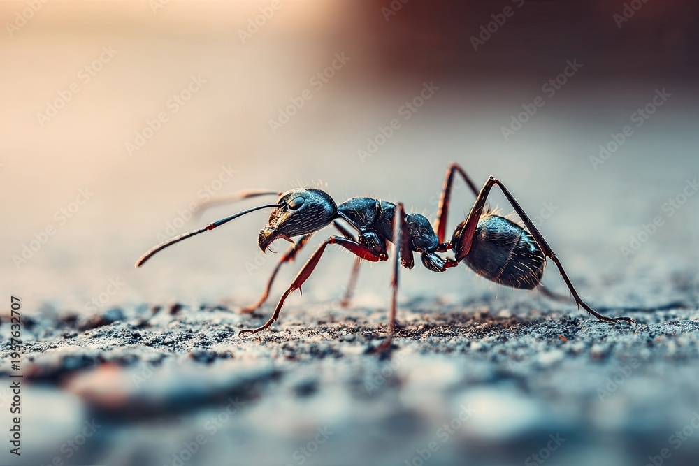 Fototapeta premium Macro photograph of a single ant crawling on a textured surface outdoors