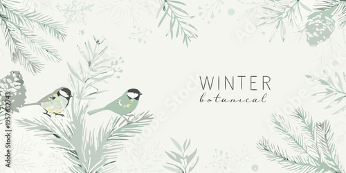 Delicate winter scene featuring birds perched amongst evergreen branches