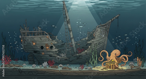 Sunken Shipwreck Scene with Marine Life and Coral Reef.