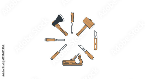 Circular Arrangement of Traditional Woodworking Tools with Axe, Mallet, Chisels, and Plane, Isolated White Background.