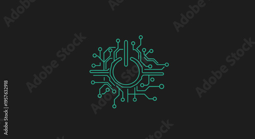 Circuit Board Style Power Button Icon on Dark Black Background.