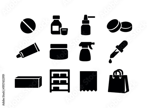 Solid vector icons of over the counter medicine: painkiller tablet, cough syrup, nasal spray, throat lozenge, ointment tube,