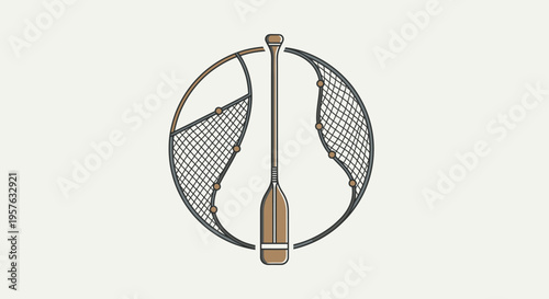 Circular Design Featuring Fishing Net and Paddle, on a Light Cream Background.