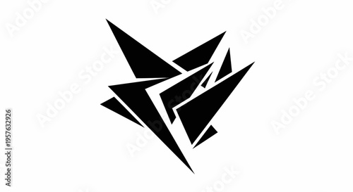 Dynamic Abstract Shattered Black Geometric Shapes, Isolated White Background.