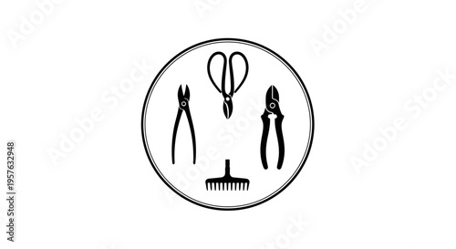 Circle of Gardening Tools Including Pruning Shears, Rake, and Trowel, Outline Art, Isolated White Background.