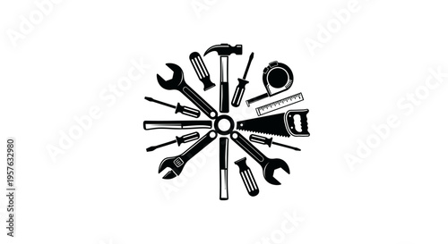 Circular Arrangement of Construction Tools Logo Design, isolated white background