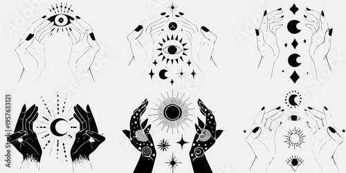 Mystical hands forming celestial shapes with eyes and lunar symbols