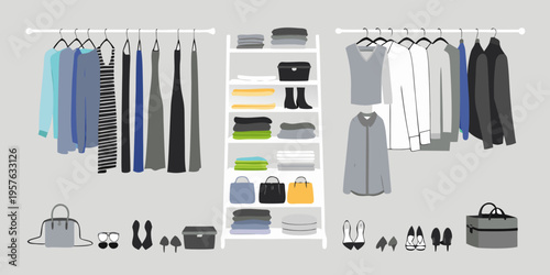 A minimalist illustration of a neatly organized clothing closet
