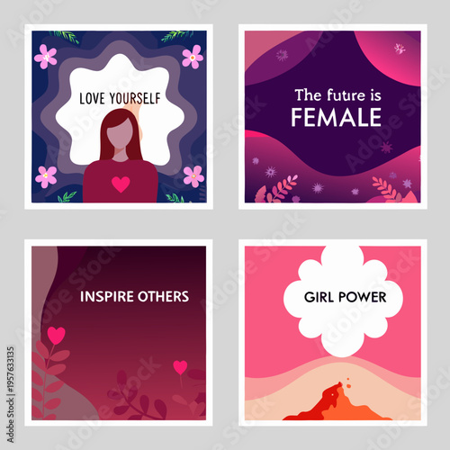 Four colorful social media posts with empowering messages for women