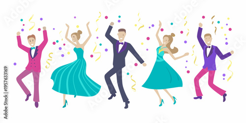 Celebratory group of people joyfully dancing with colorful confetti falling