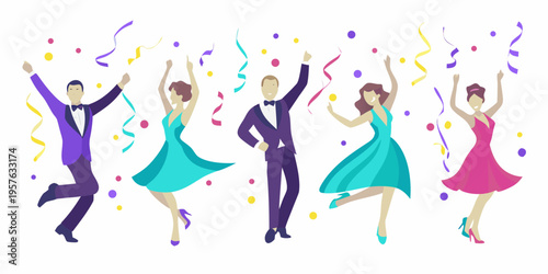 Celebratory group of people joyfully jumping with confetti falling around them