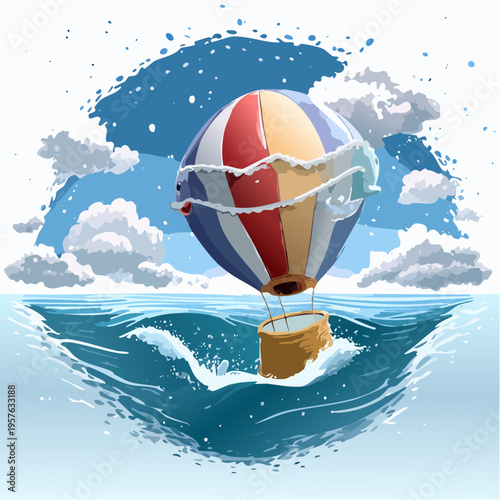 An illustrated hot air balloon floats above the waves of ocean on a sunny day 