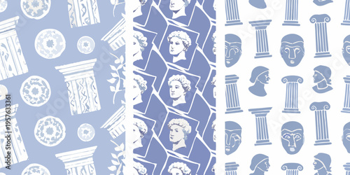 Blue and white repeating pattern featuring classical busts and architectural elements