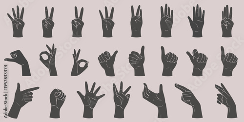 Collection of diverse hand gestures in a minimalist monochrome style
