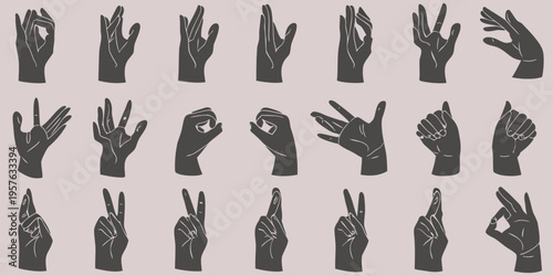 A collection of diverse black silhouette hand gestures against a muted backdrop