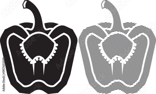 Comparative illustration of a pepper with solid and cross-hatched patterns
