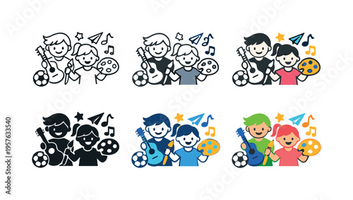 Playful kids icon depicting children engaging in hobbies such as painting, music, and sports with abstract symbols of creativity