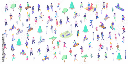 Isometric illustration depicting diverse people engaging in various outdoor activities