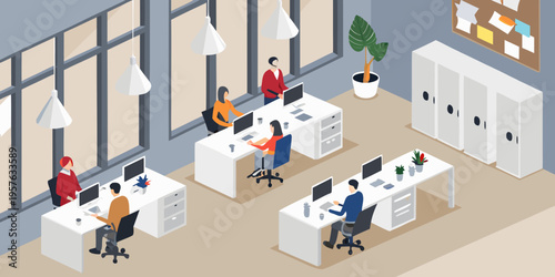 Isometric illustration of a modern open plan office space with employees