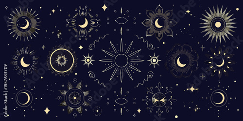 Celestial patterns golden moons stars and suns on a dark background