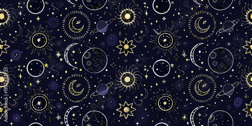Celestial pattern with suns moons planets and sparkling stars