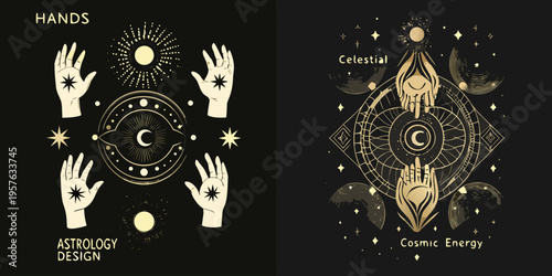 Mystical hands and celestial symbols representing astrology and cosmic energy