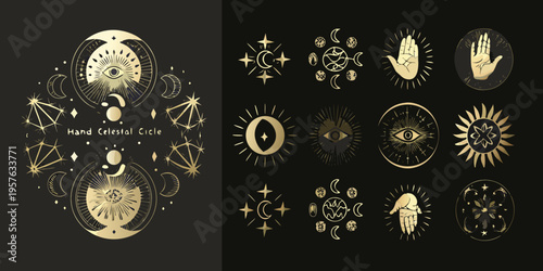 Golden celestial and mystical hand illustrations with lunar and solar symbols