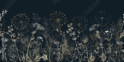 Delicate floral illustration with dandelion seed heads and wild grasses