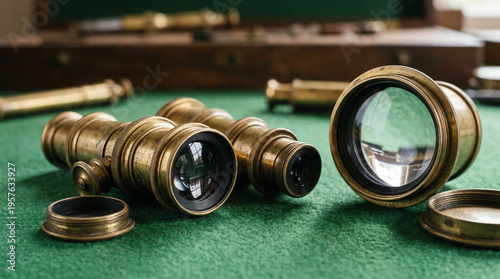 Antique brass telescope eyepiece assemblies with glass optics on green baize