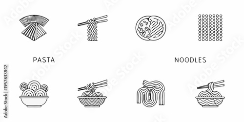Line art illustrations depicting various pasta and noodle dishes
