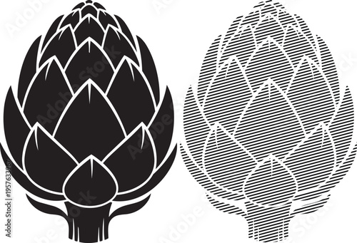 Artistic black and white depiction of an artichoke with geometric and textured patterns.