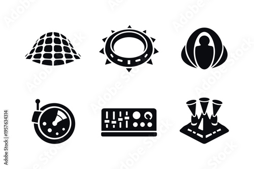 Solid vector icons of light-warping cloaking devices: metamaterial mesh, curvature-control ring, cloaking shell; phase detector,