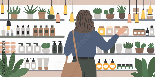 Woman browsing shelves of beauty products and potted plants in a store