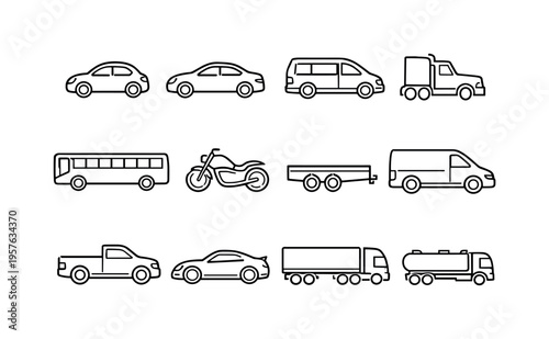 Line style vector icons of highway vehicles: compact car, sedan outline, minivan tile, semi-truck rig, bus silhouette, motorcycle