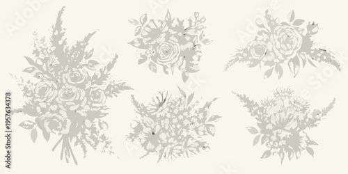 Delicate floral arrangements in grayscale showcasing rose and foliage silhouettes