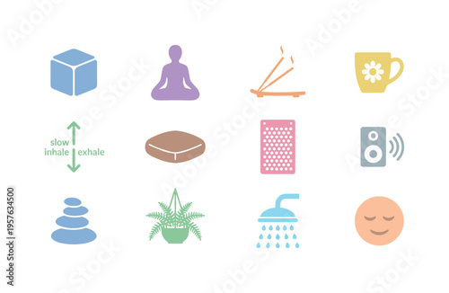 Anxiety relief squeeze cube, seated mindfulness silhouette, incense sticks holder, chamomile mug, slow inhale exhale mark, floor