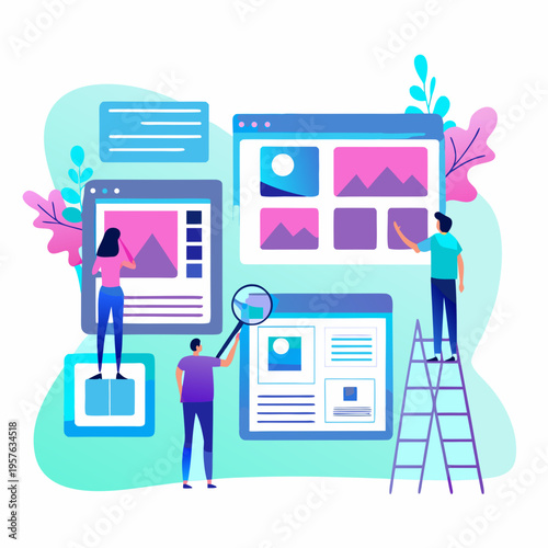People analyzing website interfaces and digital content with magnifying glasses