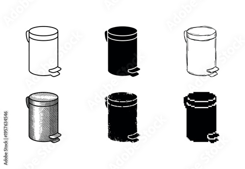 Collection of six different styles of pedal bins, isolated on a white background