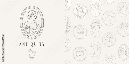 Antique portraits of women in oval frames with classical motifs