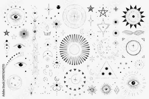 An assortment of mystical hand drawn celestial and occult symbols