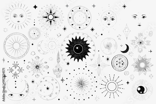 Celestial patterns moons suns and stars in a whimsical black and white design